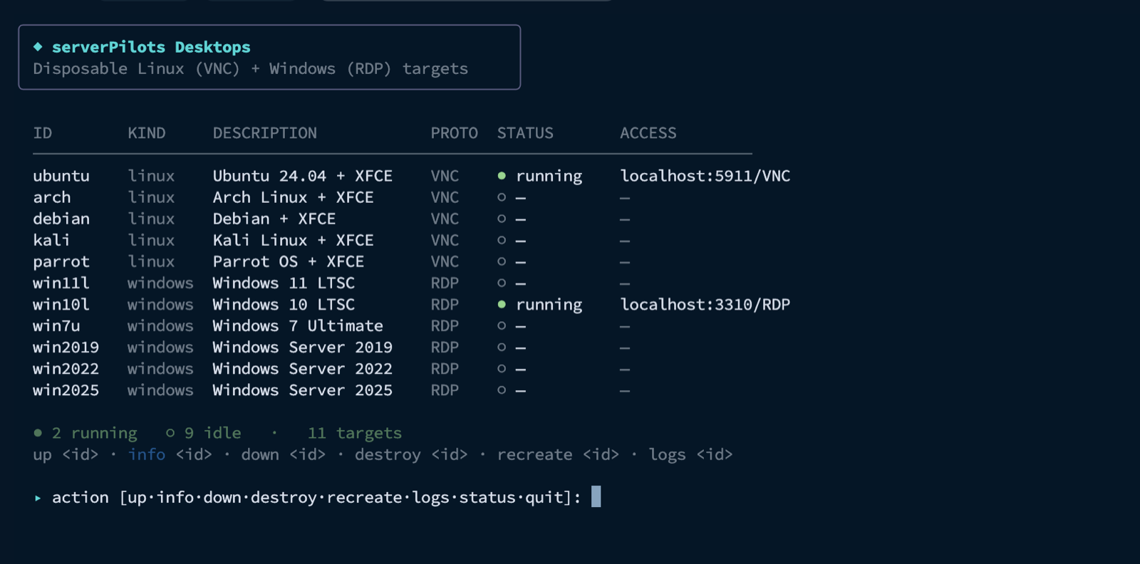 serverPilots desktops manager listing Linux and Windows targets with status