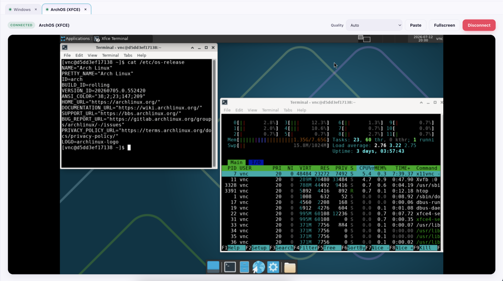serverPilots streaming a Linux XFCE desktop over VNC in the browser